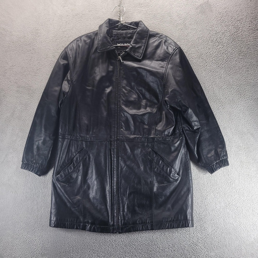 Wilsons Leather Coat Mens M Black Mid Length Quilted Lined Full Zip Overcoat